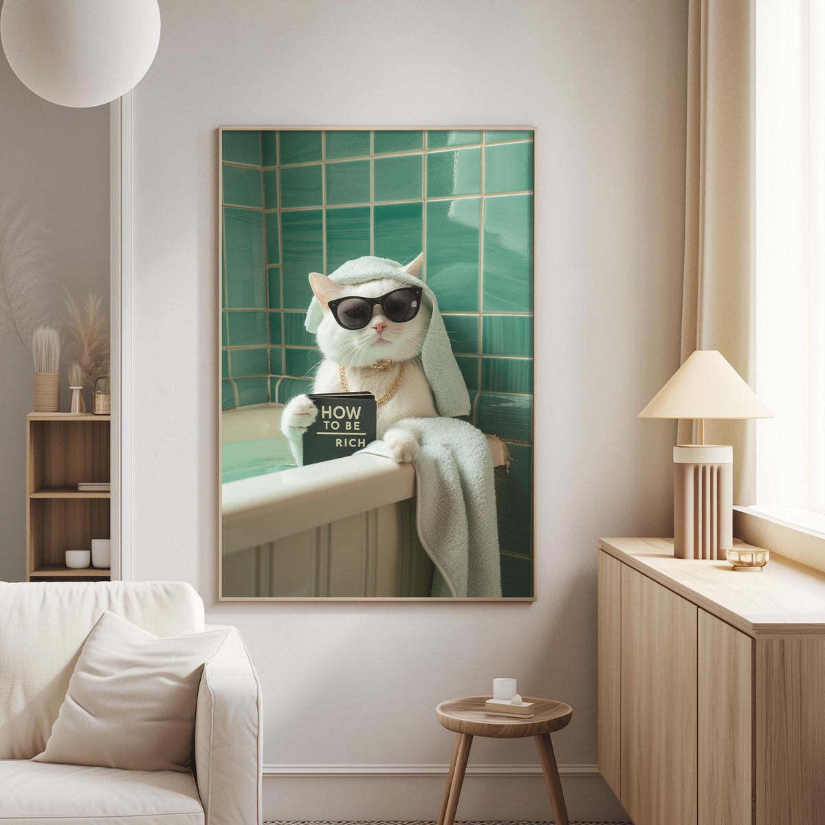 A white cat wearing sunglasses and a towel is sitting in a bathtub, holding a sign that says "HOW TO BE RICH".