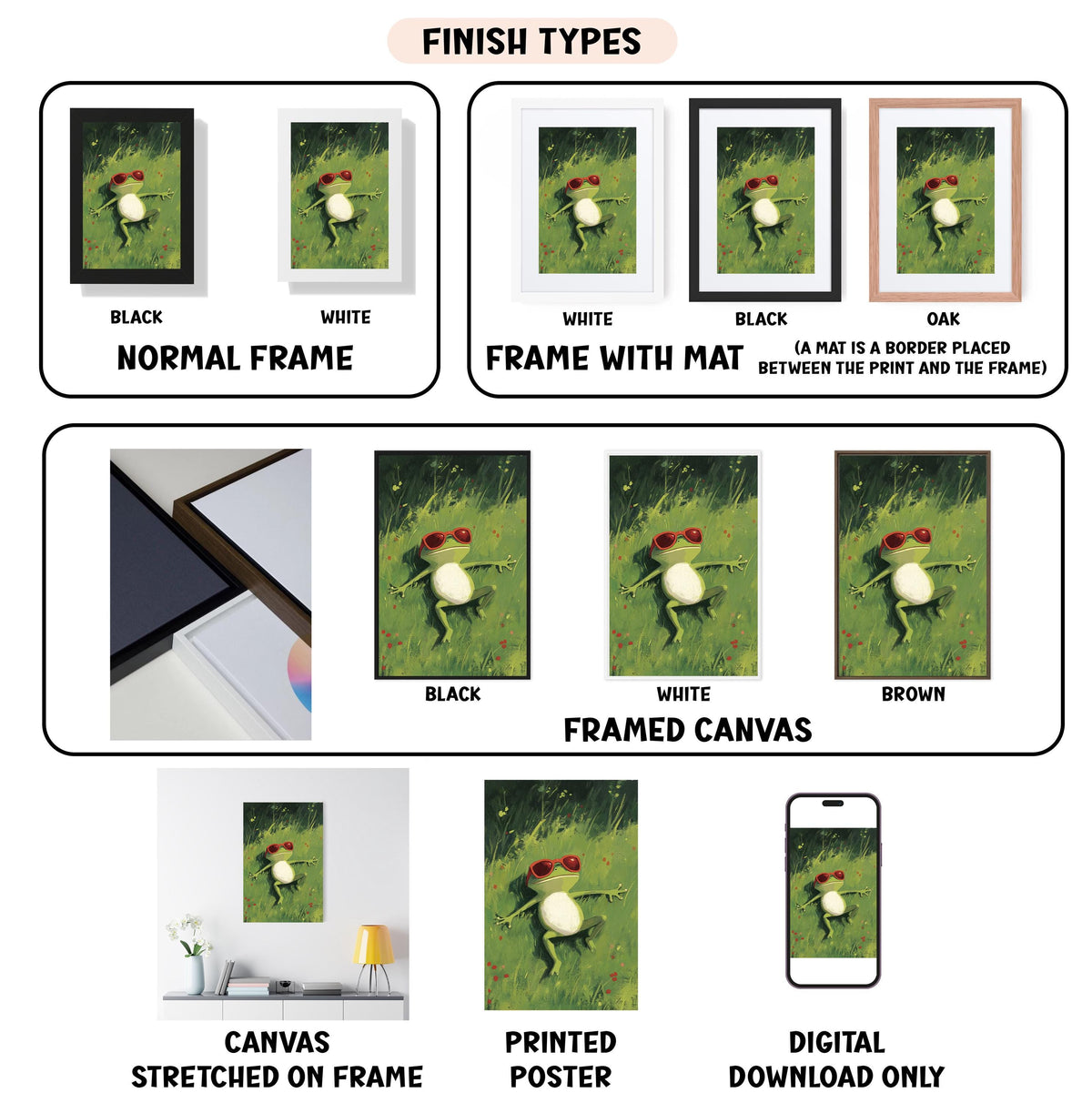 various types of framed artwork, including a framed canvas, a stretched canvas, a framed poster, and a printed poster. The artwork features different color schemes and styles, such as black and white, white, black, and oak frames. The image also includes a digital download option for the artwork.