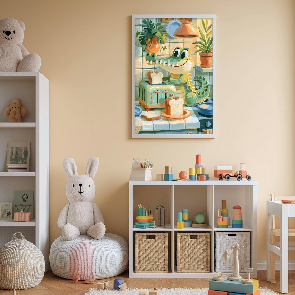A child's bedroom with a large stuffed rabbit, a bookshelf, and a colorful painting of a cartoon character on the wall.
