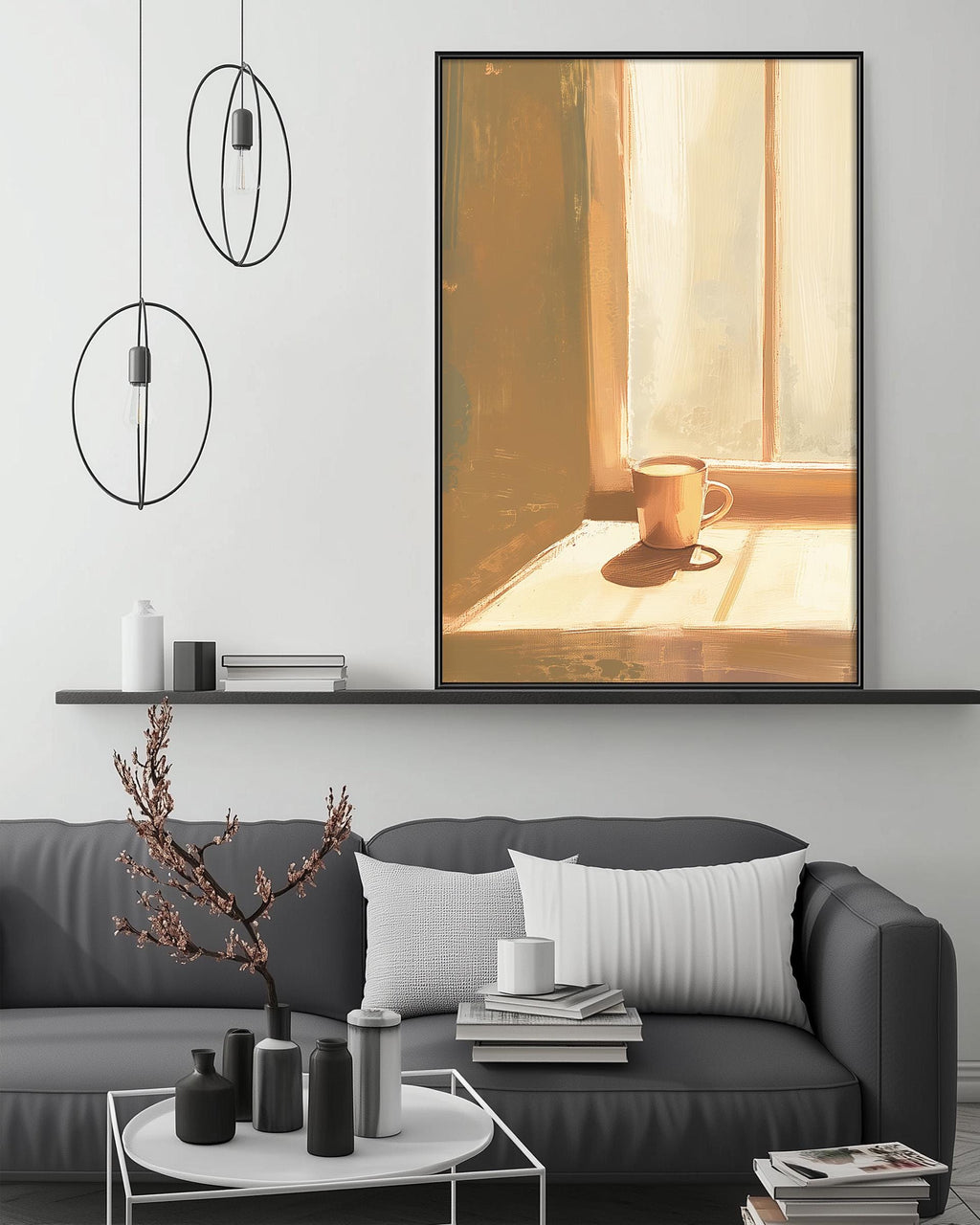 a cozy living room with a gray sofa, a coffee table, and a large framed painting of a cup of coffee on a windowsill. The painting is hanging above the sofa, creating a warm and inviting atmosphere.