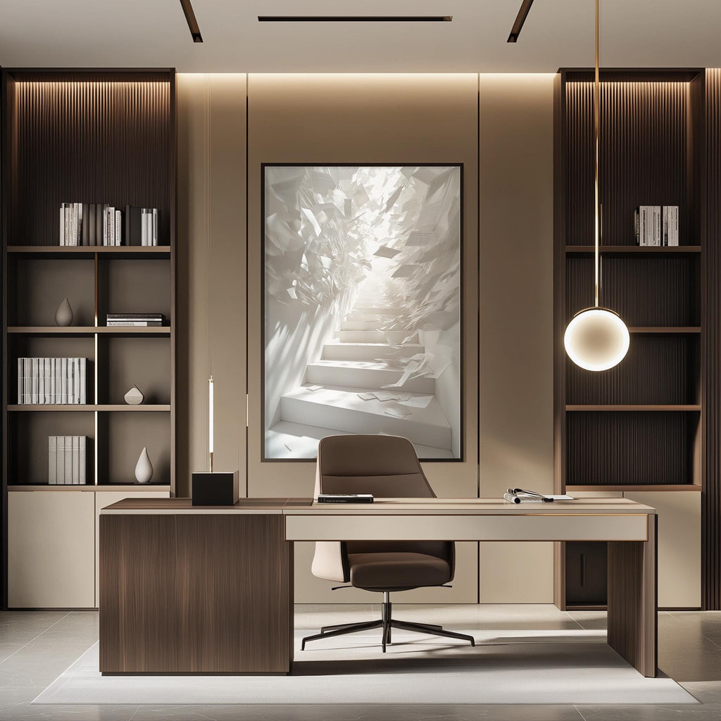 a modern and minimalist office space with a large wooden desk, a comfortable-looking chair, and a large abstract painting on the wall.