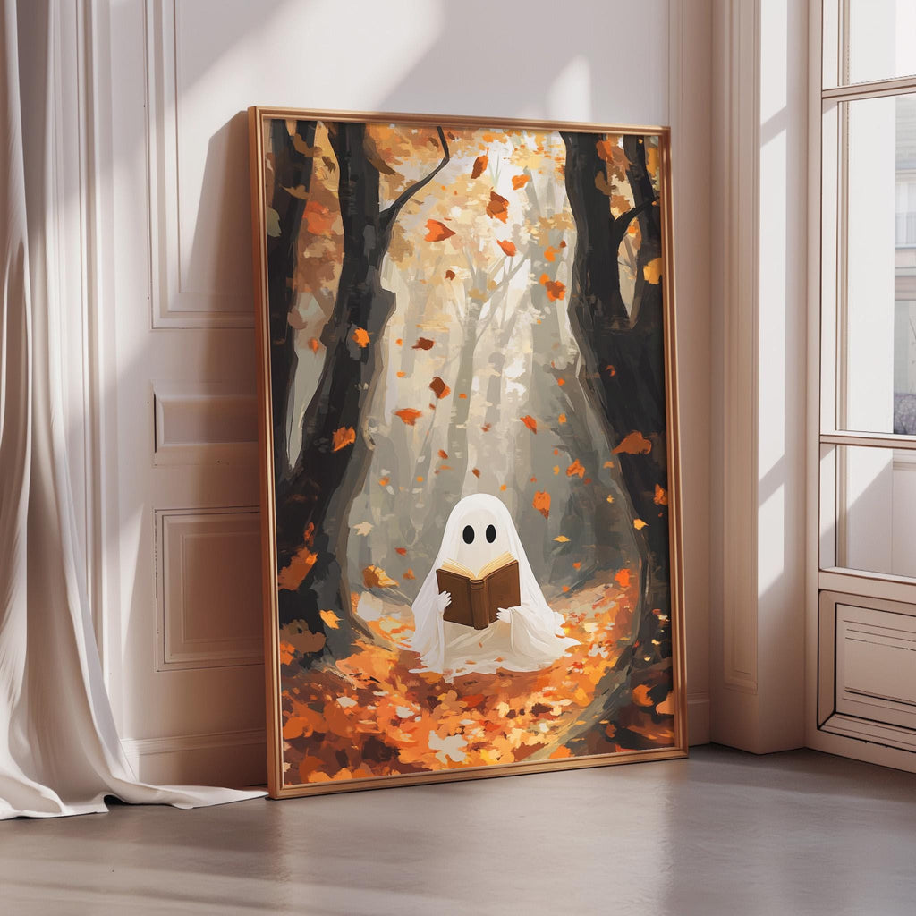 A framed painting depicting a ghost reading a book in a forest with falling leaves.