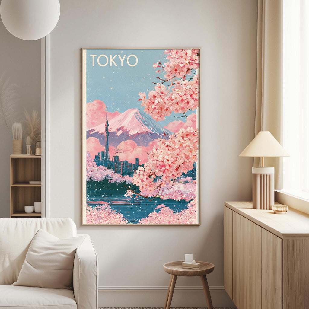 a large framed poster of a cityscape with cherry blossoms, mounted on a wall in a living room setting.