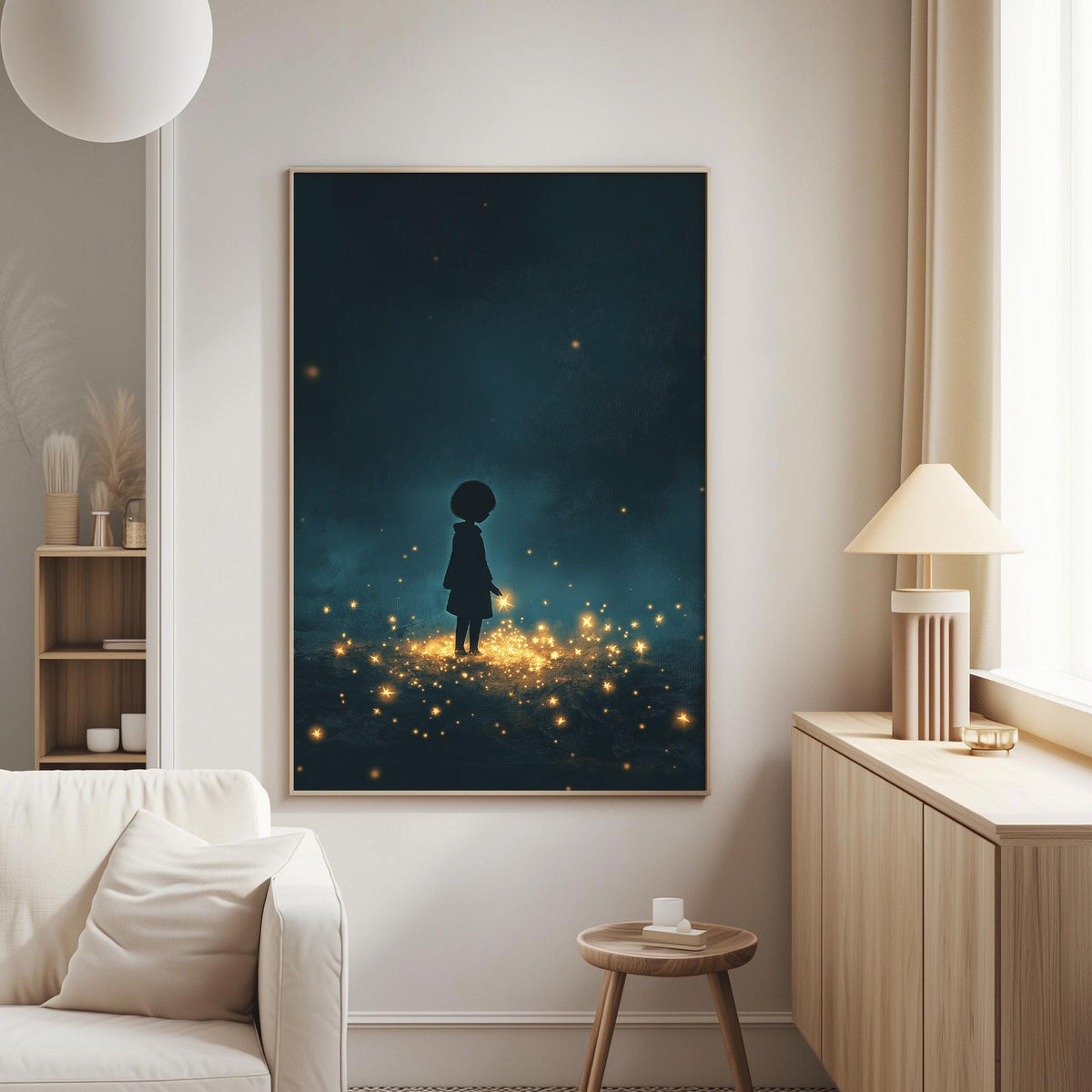 a cozy living room with a white sofa, a wooden side table, and a framed artwork depicting a silhouetted figure standing in a field of twinkling lights.