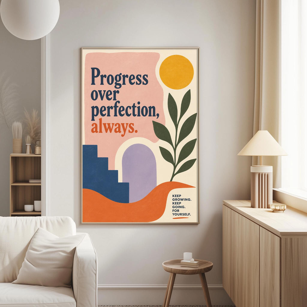 a poster with a colorful design and text, hanging on a wall in a living room.
