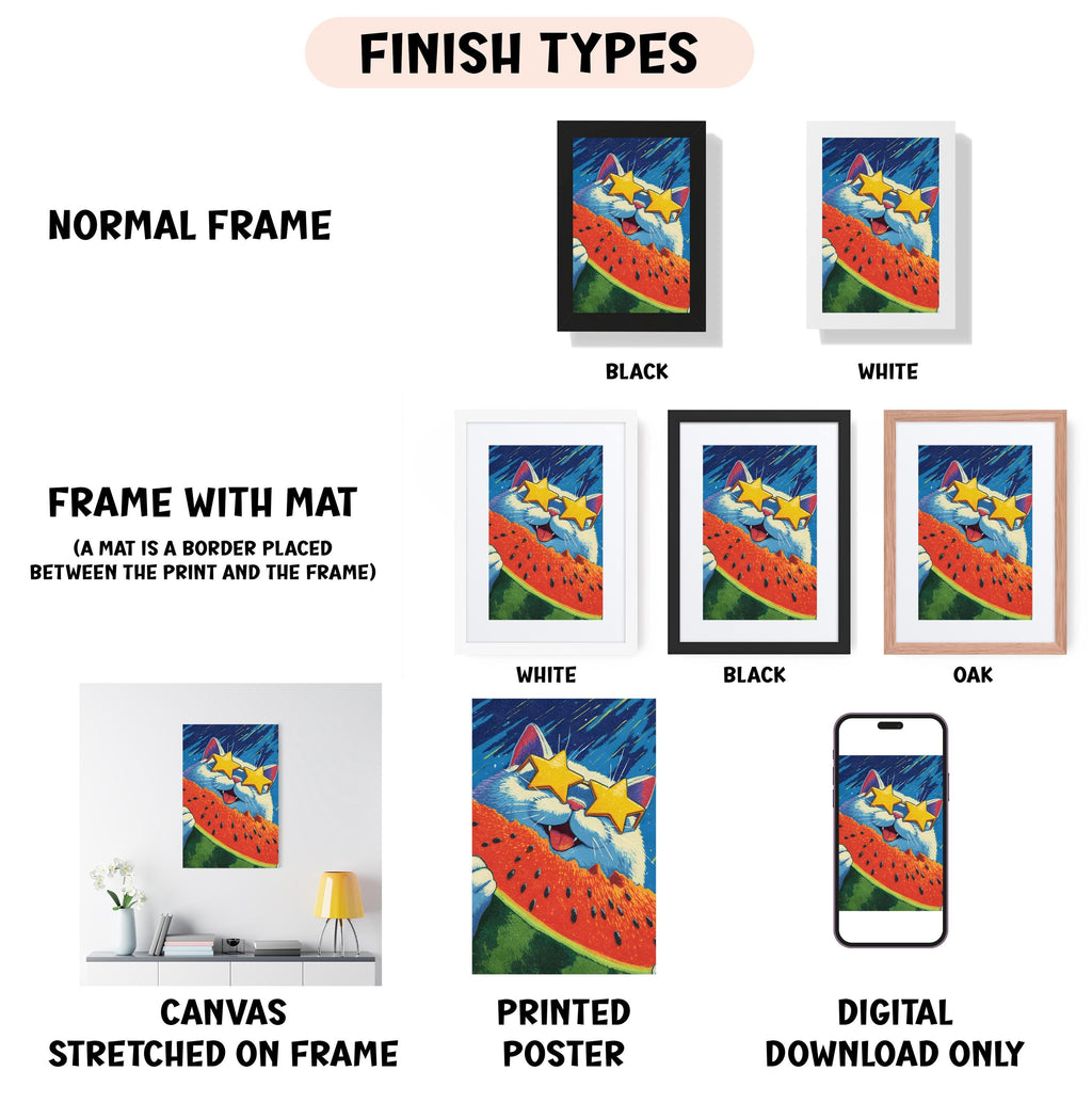 various types of artwork, including a canvas stretched on a frame, a framed poster, and a digital poster. The artwork is presented in different frame colors, such as black, white, and orange. The image also includes a cat with a watermelon slice on its face, which is a creative and unique representation of the artwork.