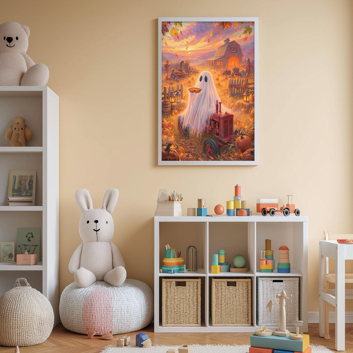 a cozy and colorful children's bedroom, featuring a large framed picture of a ghost, a stuffed bunny, and various toys and storage bins.