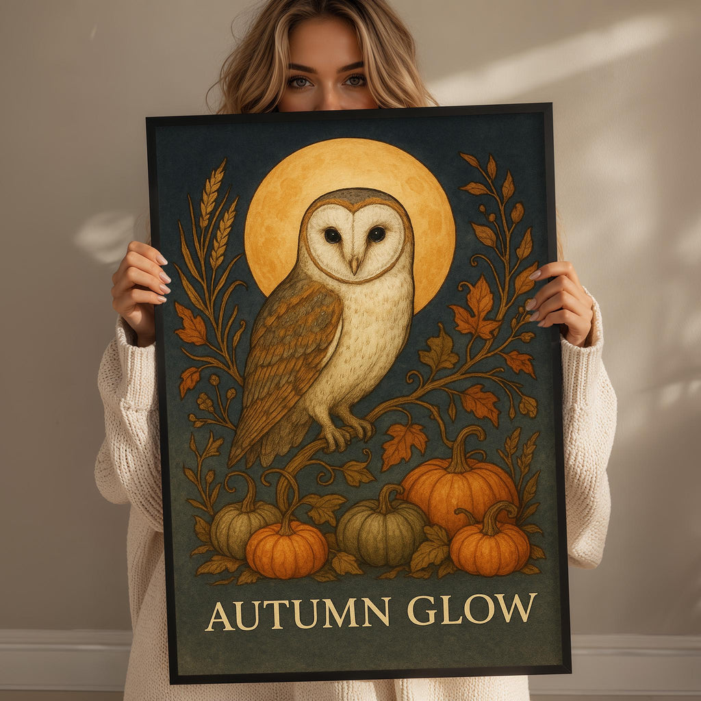 A woman holds up a framed poster with an illustration of an owl and autumn-themed elements, including pumpkins and leaves.