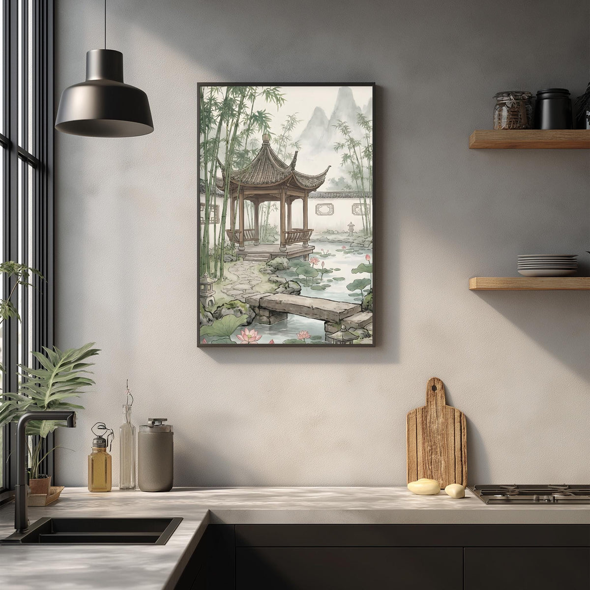 a serene Asian-inspired garden scene with a pagoda, bamboo trees, and a pond, all set against a light gray wall. The garden is framed by a black frame and hung on the wall, creating a harmonious and tranquil atmosphere in the kitchen.