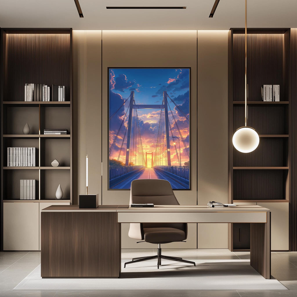 a modern office space with a large framed artwork depicting a bridge at sunset. The office has a wooden desk, a chair, and a bookshelf with various books and decorative items. The overall design and decor create a warm and inviting atmosphere.