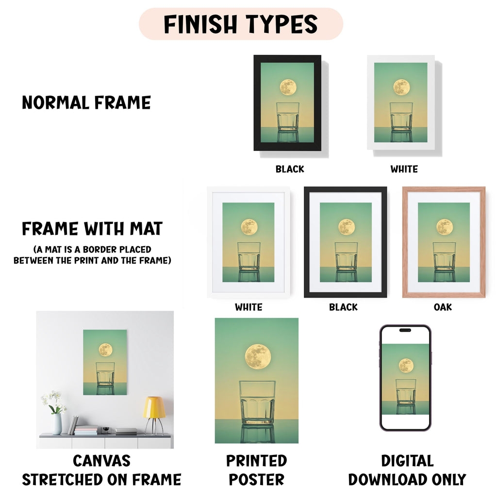various framed artworks, including a canvas stretched on a frame, a framed poster, and a digital poster. The artworks are presented in different frame colors and styles, such as a normal frame, a black frame, a white frame, and an oak frame. The artworks also depict a moon and a chair, with the moon appearing in different frames and the chair in various frames. The artworks are labeled with the finish types, such as canvas stretched on frame, printed poster, and digital download only.