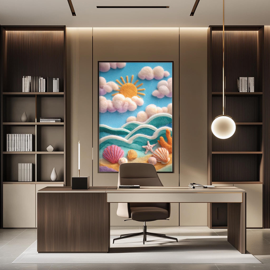a modern office space with a large framed artwork of a seascape on the wall, featuring a sun, clouds, and various sea creatures. The office has a wooden desk and chair, and the overall design has a contemporary and minimalist aesthetic.