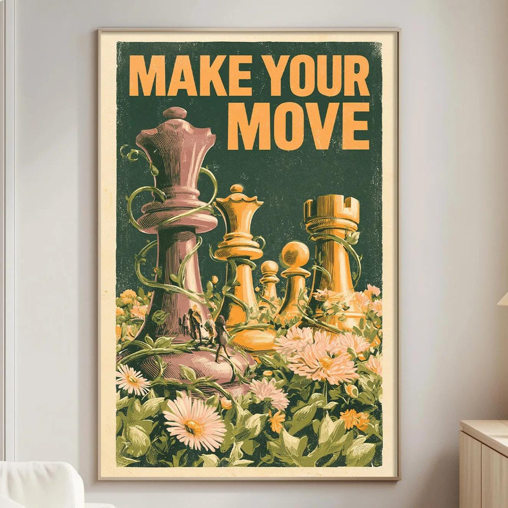 a framed poster with a chessboard and pieces, along with the text "MAKE YOUR MOVE" displayed prominently.