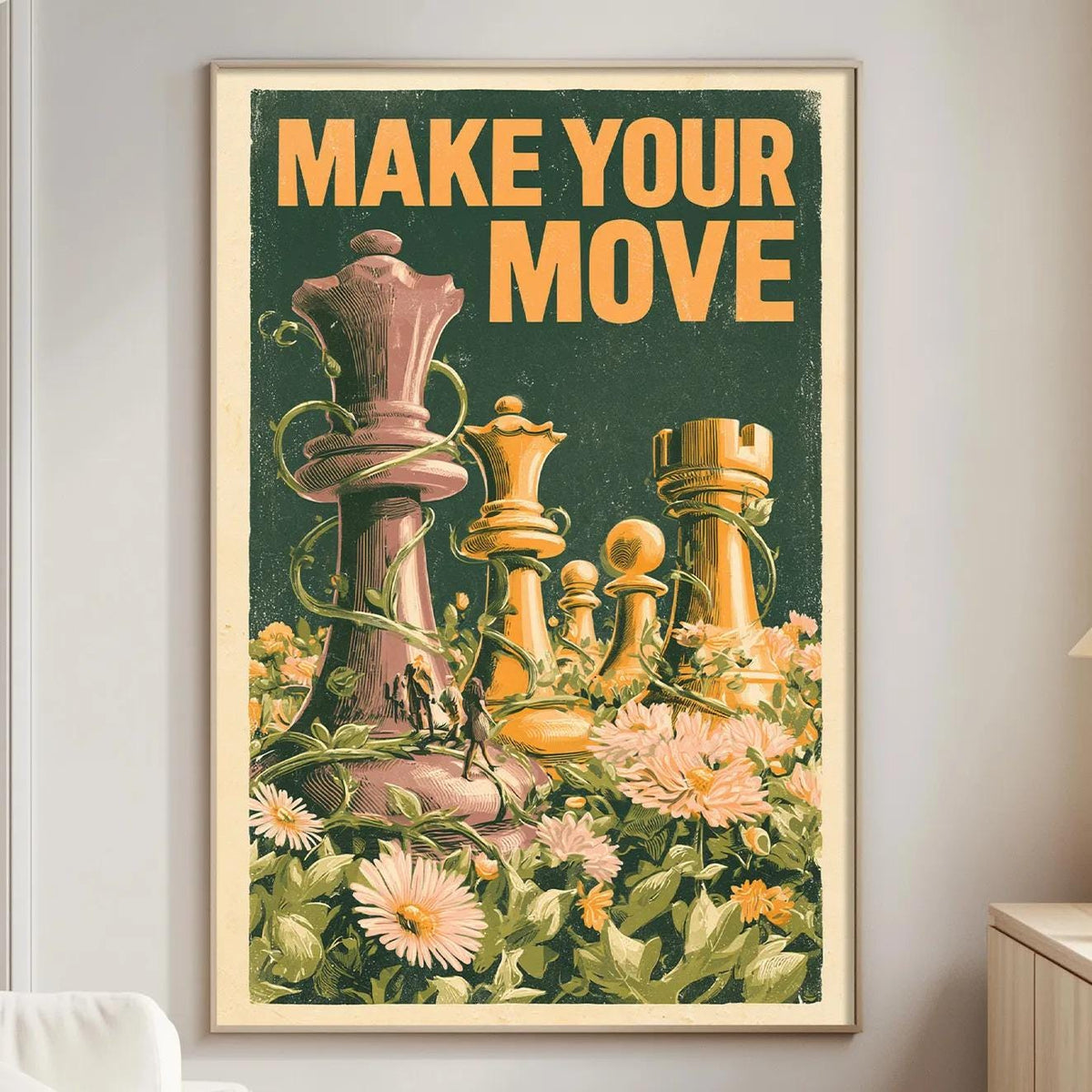 a framed poster with a chessboard and pieces, along with the text "MAKE YOUR MOVE" displayed prominently.