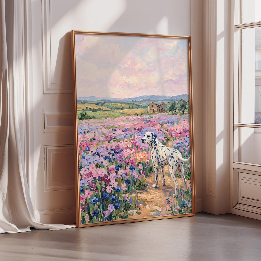 A framed painting depicting a Dalmatian dog standing in a field of colorful flowers, with a picturesque landscape in the background.