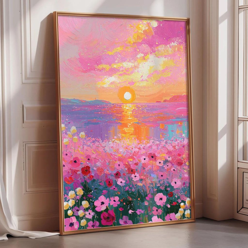 A large framed painting depicting a vibrant sunset over a field of colorful flowers, with the sun setting behind the horizon.