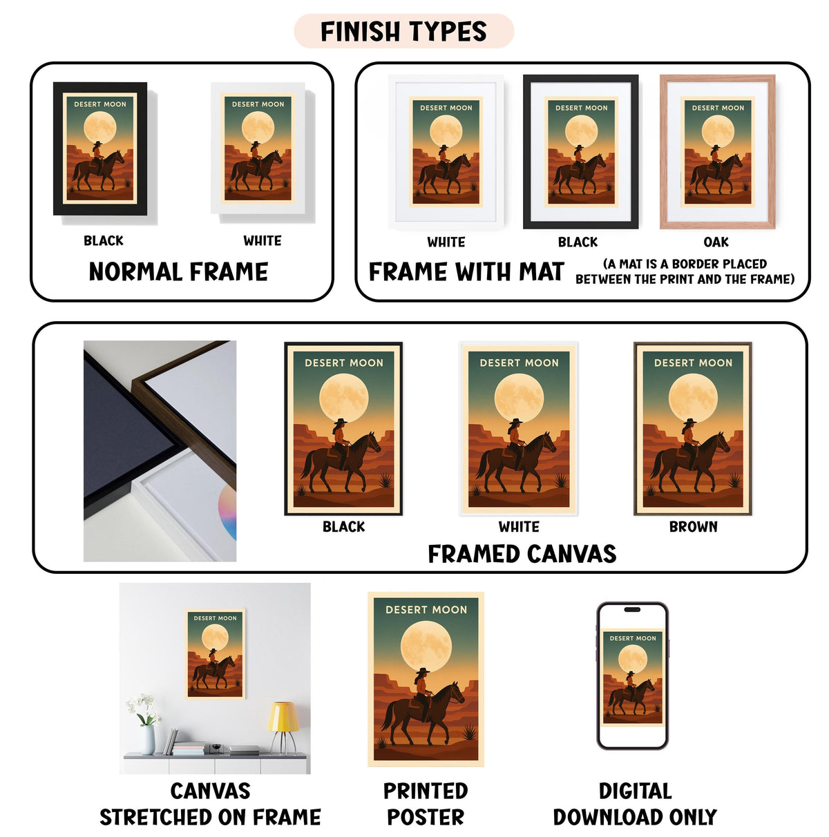 various images of desert moon-themed artwork, including framed prints, canvas prints, and digital download options.