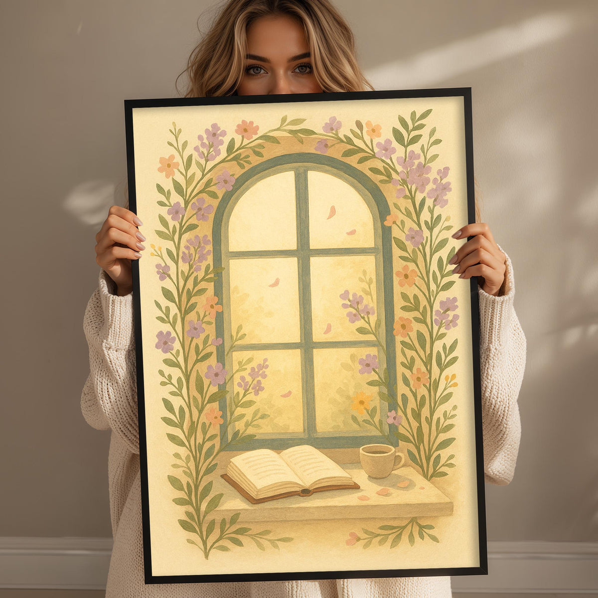 A woman holds up a framed illustration of a window with flowers and an open book on a shelf.