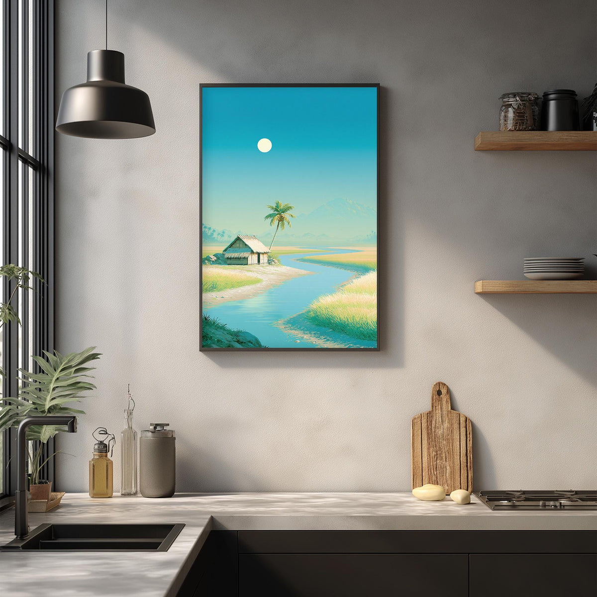 a kitchen counter with a framed painting of a tropical beach scene hanging above it. The painting depicts a palm tree, a house, and a river flowing through the landscape. The kitchen counter has various items on it, including a cutting board, a bottle, and a vase.