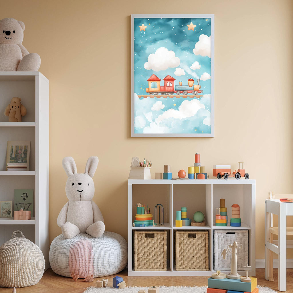 A cozy children's bedroom with a large stuffed bunny, a bookshelf filled with toys, and a framed picture of a train on a cloud-filled sky above the bookshelf.