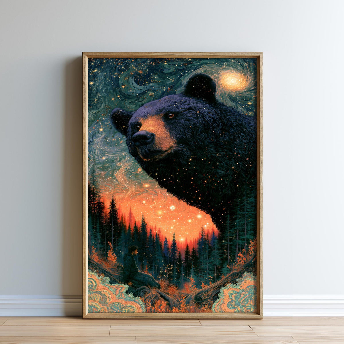 The image is a framed painting depicting a large black bear against a starry night sky with a forest landscape in the background.
