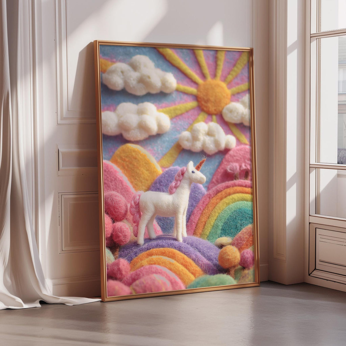 A framed painting depicting a whimsical scene with a white unicorn standing on a colorful, fantastical landscape.