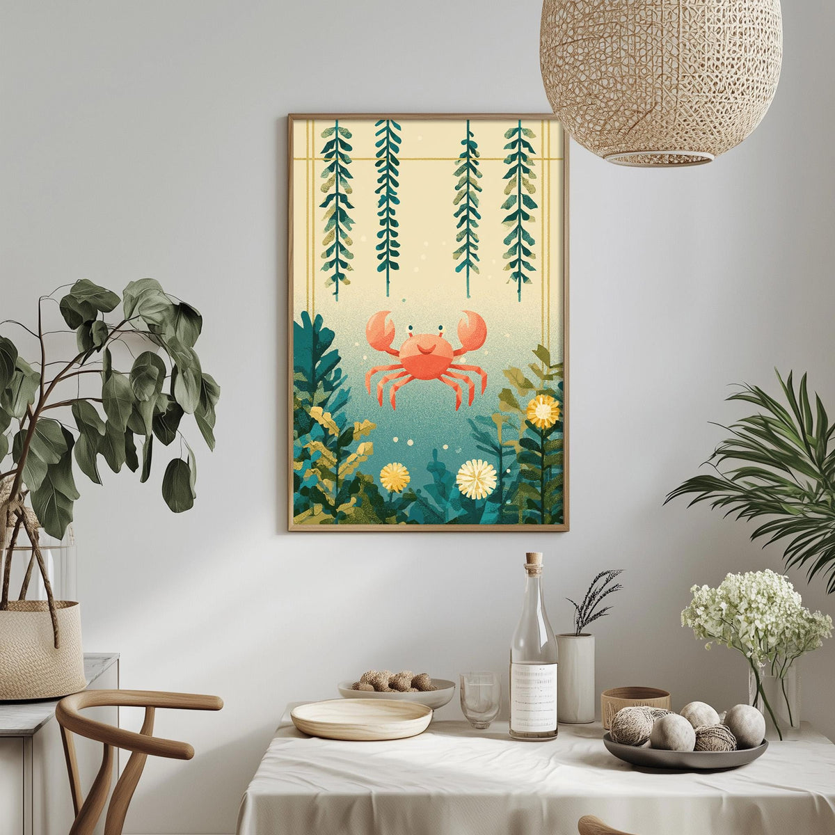 a framed illustration of a crab surrounded by a lush underwater scene, with plants and flowers in the background. The crab is positioned in the center of the frame, and the background is a vibrant mix of green and yellow. The overall composition creates a whimsical and nature-inspired atmosphere.