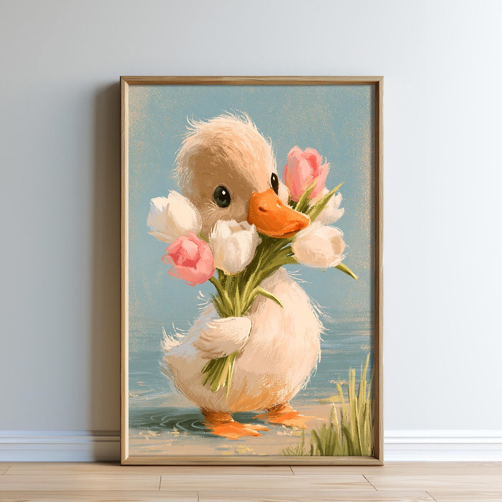 A framed painting depicting a cute duck holding a bouquet of pink and white flowers, standing in a pond with green plants in the background.