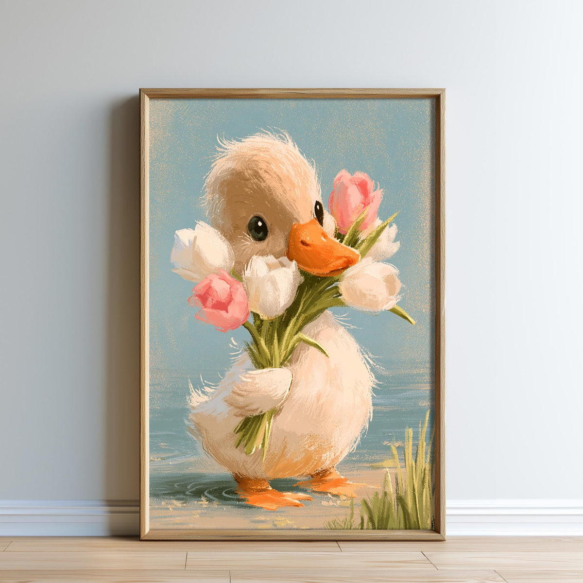 A framed painting depicting a cute duck holding a bouquet of pink and white flowers, standing in a pond with green plants in the background.