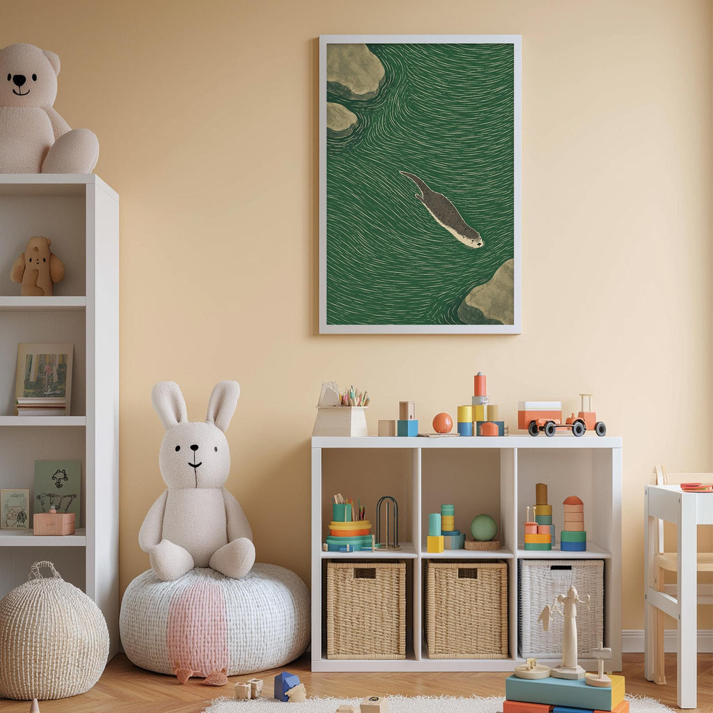 A cozy children's room with a white bookshelf, a plush rabbit, a toy train, and a framed illustration of a seal swimming in the ocean.