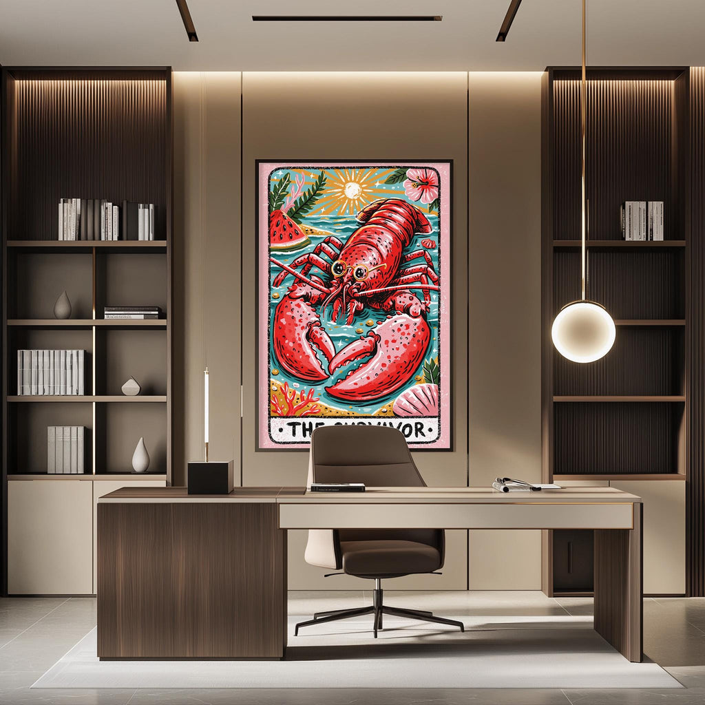 a modern office space with a large framed artwork of a lobster as the focal point. The artwork is displayed on the wall above a desk with a chair in front of it. The desk is positioned in front of a bookshelf, creating a workspace with a touch of coastal decor.