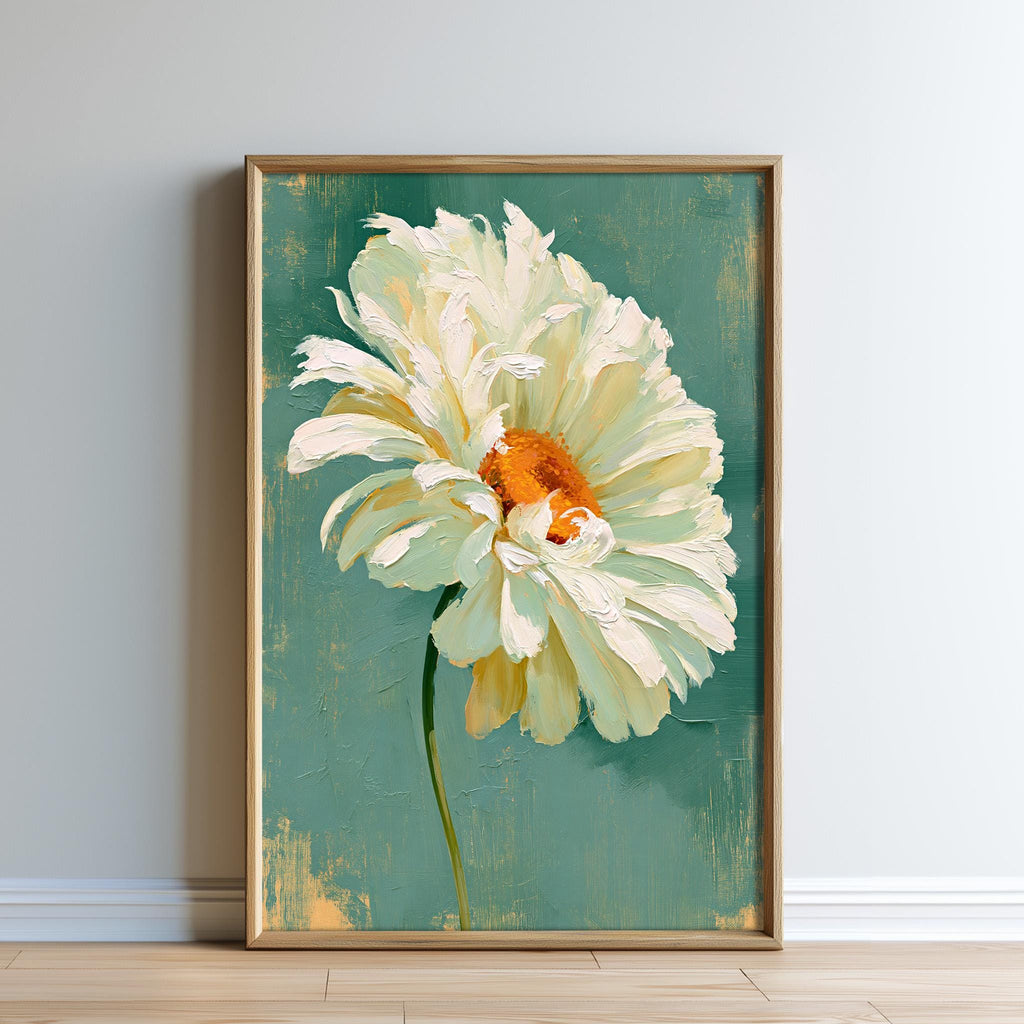 a large, vibrant white flower with an orange center, set against a green background.