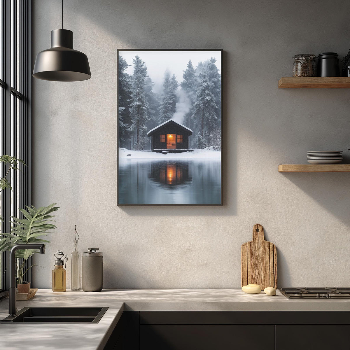 a cozy cabin nestled in a snowy forest, with a warm glow from the cabin's windows reflecting on the still water surface of a lake or pond.