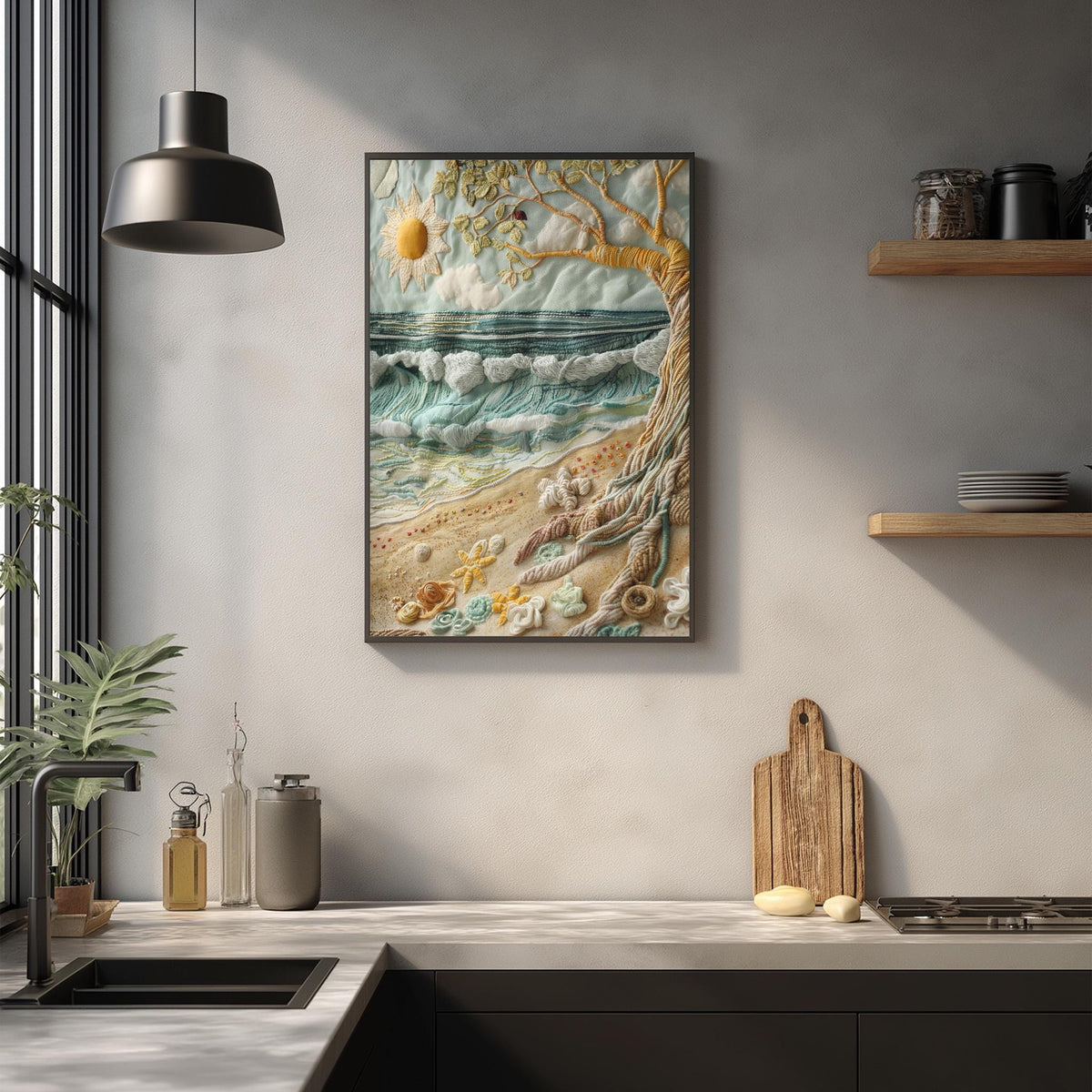 a kitchen counter with various items on it, including a framed painting of a beach scene, a wooden cutting board, and some decorative objects.