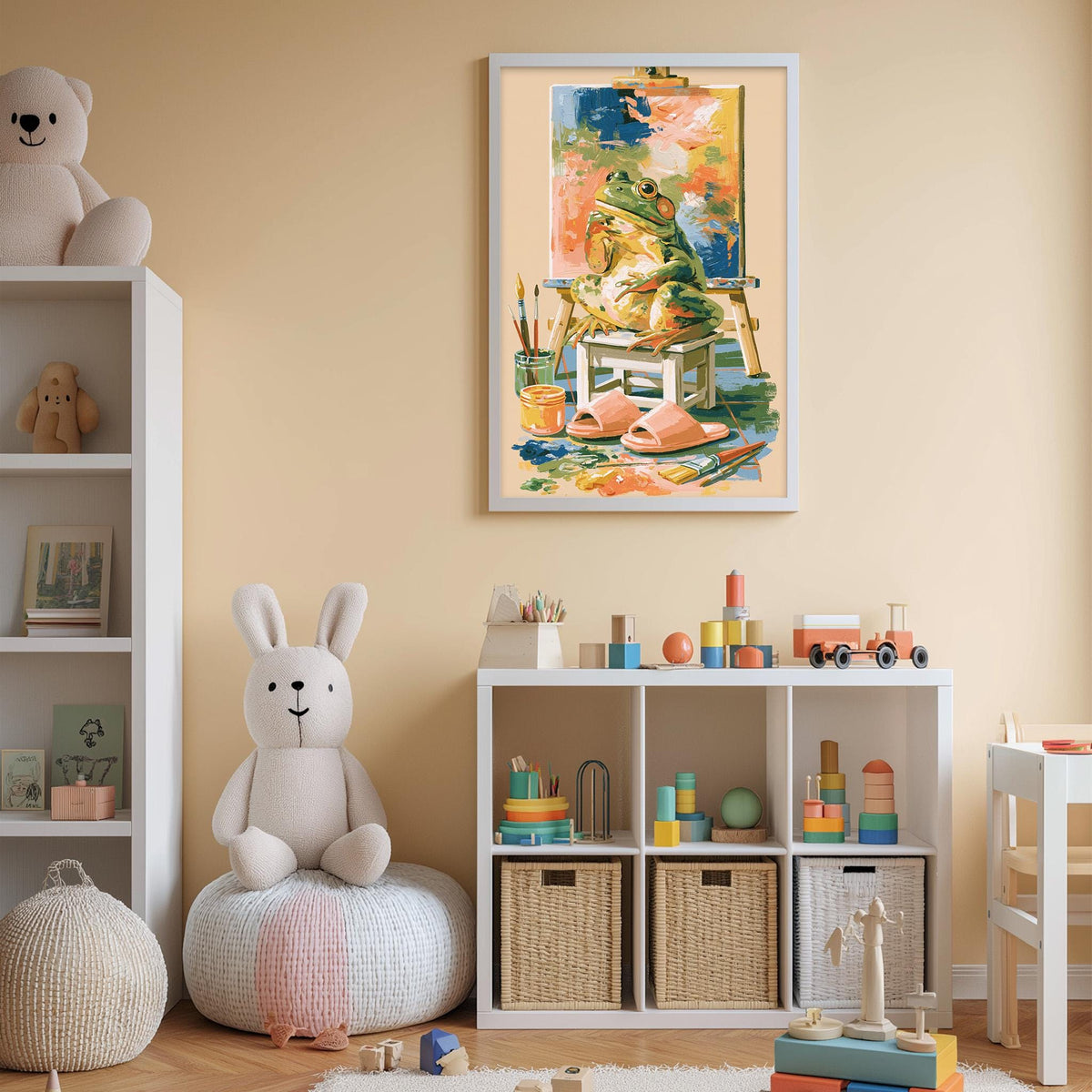 A child's bedroom with a white bookshelf, a stuffed rabbit, and a colorful painting of a frog on a table.