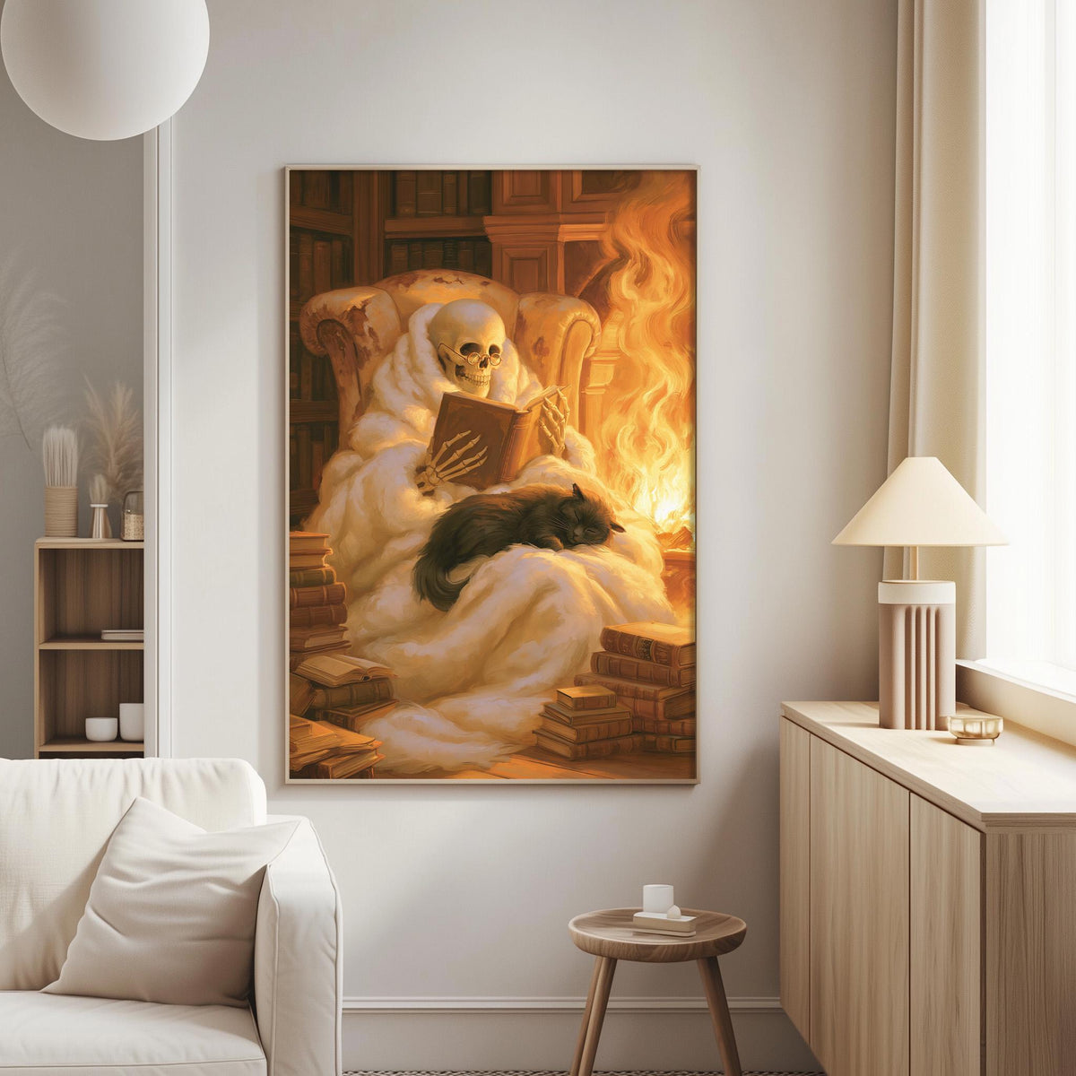 a cozy living room with a large painting of a skeleton sitting in a chair, reading a book, and surrounded by books and a cat.