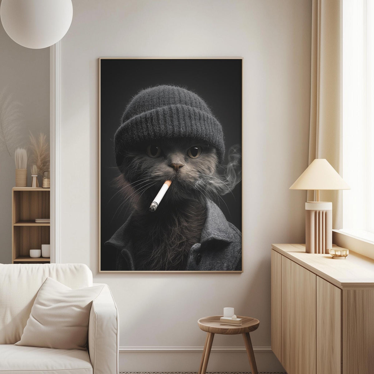 A black and white photograph of a cat wearing a knit hat and smoking a cigarette, displayed on a wall in a living room setting.
