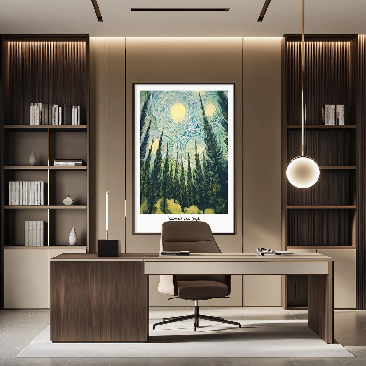 a modern office space with a large framed painting of a forest scene hanging on the wall above a desk with a chair.