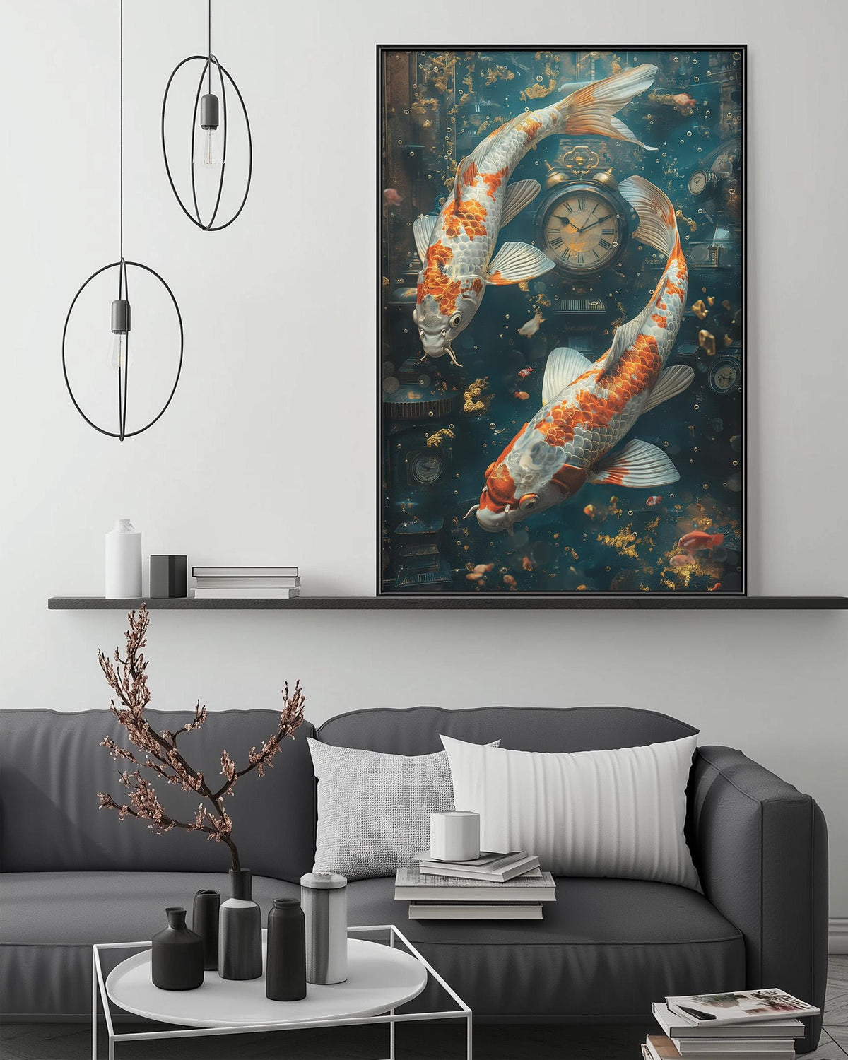 a large painting of two koi fish swimming in a blue-green underwater scene, with a clock and other decorative elements in the background. The painting is displayed on a wall above a gray couch, which is positioned in front of a coffee table. The room has a minimalist and modern design, with a few decorative items and a pendant light hanging above the painting.
