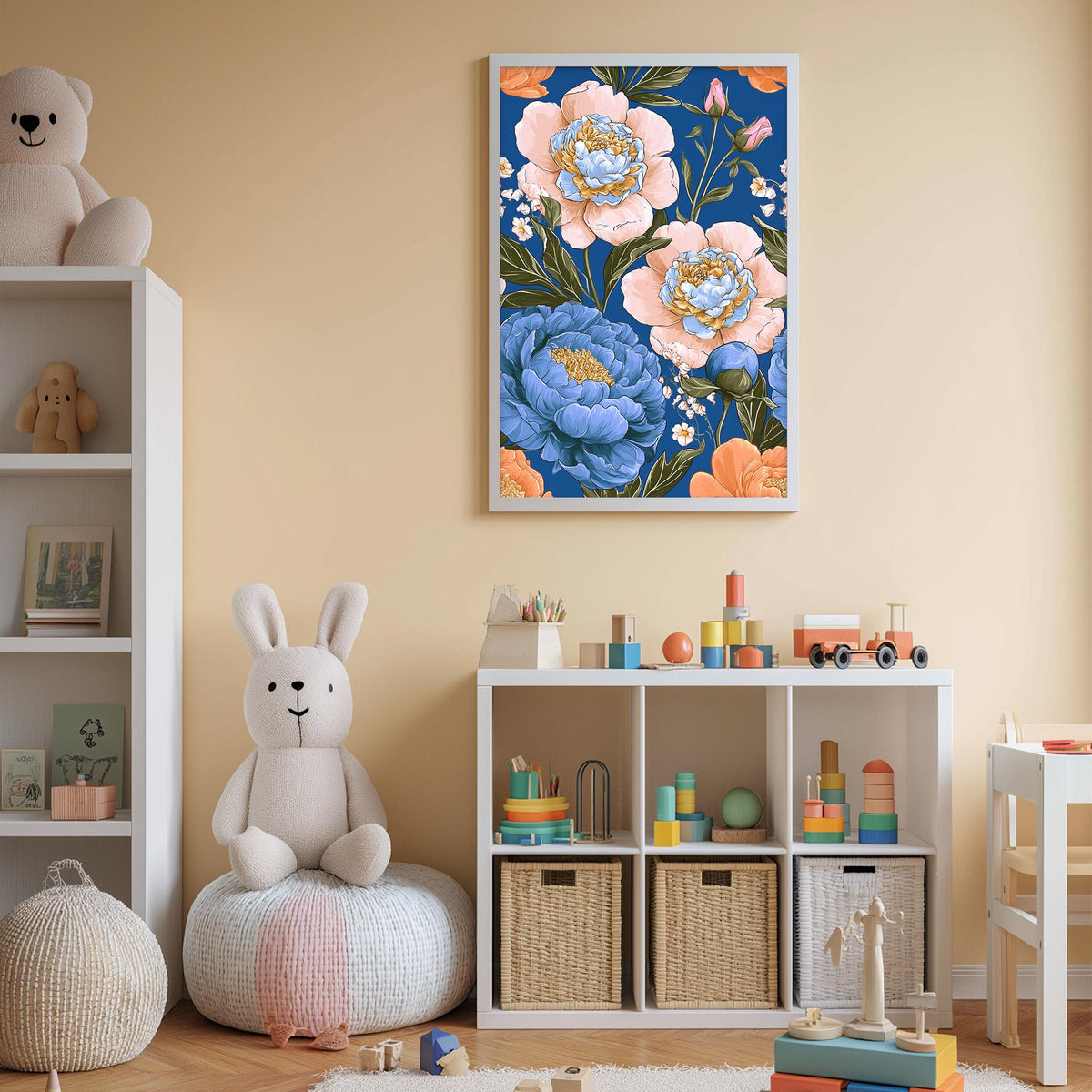 A cozy and colorful children's bedroom with a large floral print on the wall, a white bookshelf filled with toys, and a plush rabbit sitting on a bean bag chair.