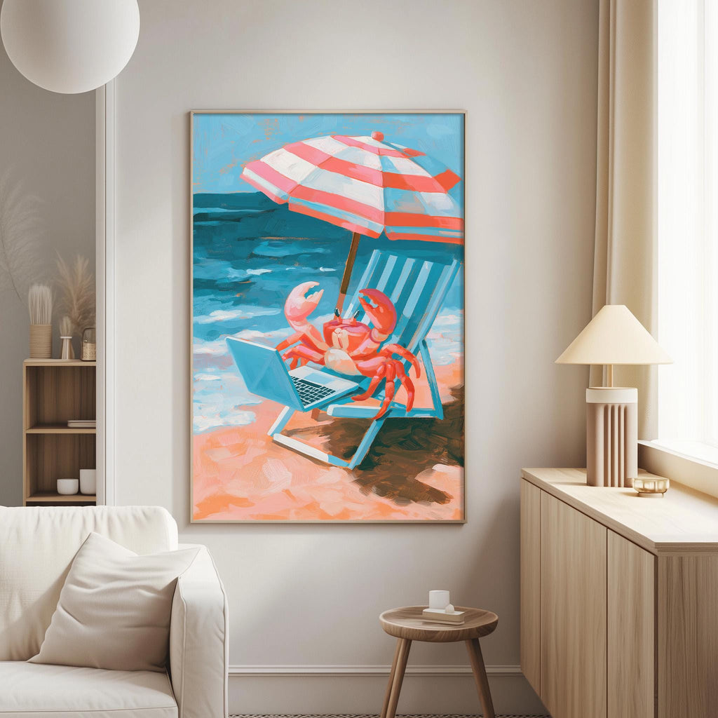 a vibrant painting of a crab sitting in a beach chair under an umbrella, with a laptop resting on the chair's lap.