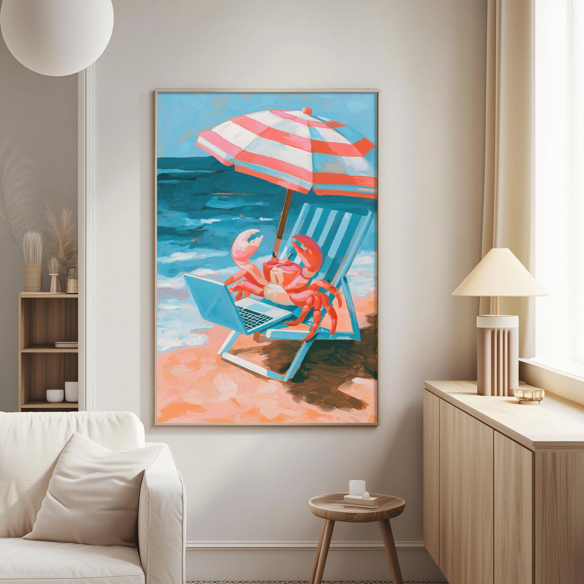 a vibrant painting of a crab sitting in a beach chair under an umbrella, with a laptop resting on the chair's lap.