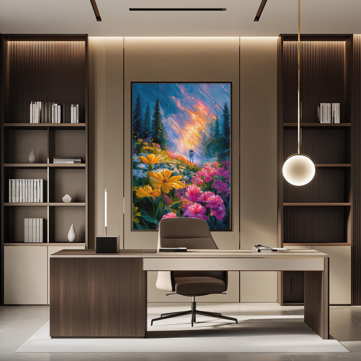 a modern and well-lit office space with a large painting of a colorful garden hanging on the wall. The painting features a variety of flowers and plants, creating a vibrant and lively atmosphere. The office has a wooden desk and chair, as well as built-in bookshelves and a pendant light, contributing to the overall aesthetic and functionality of the space.