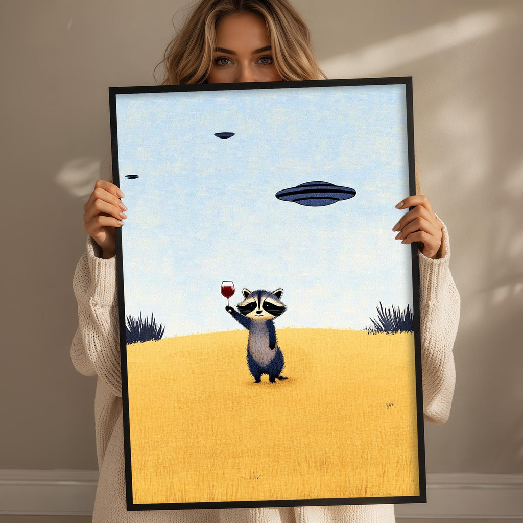 A woman is holding up a framed picture of a raccoon standing in a field, with a blue sky and a flying saucer in the background.