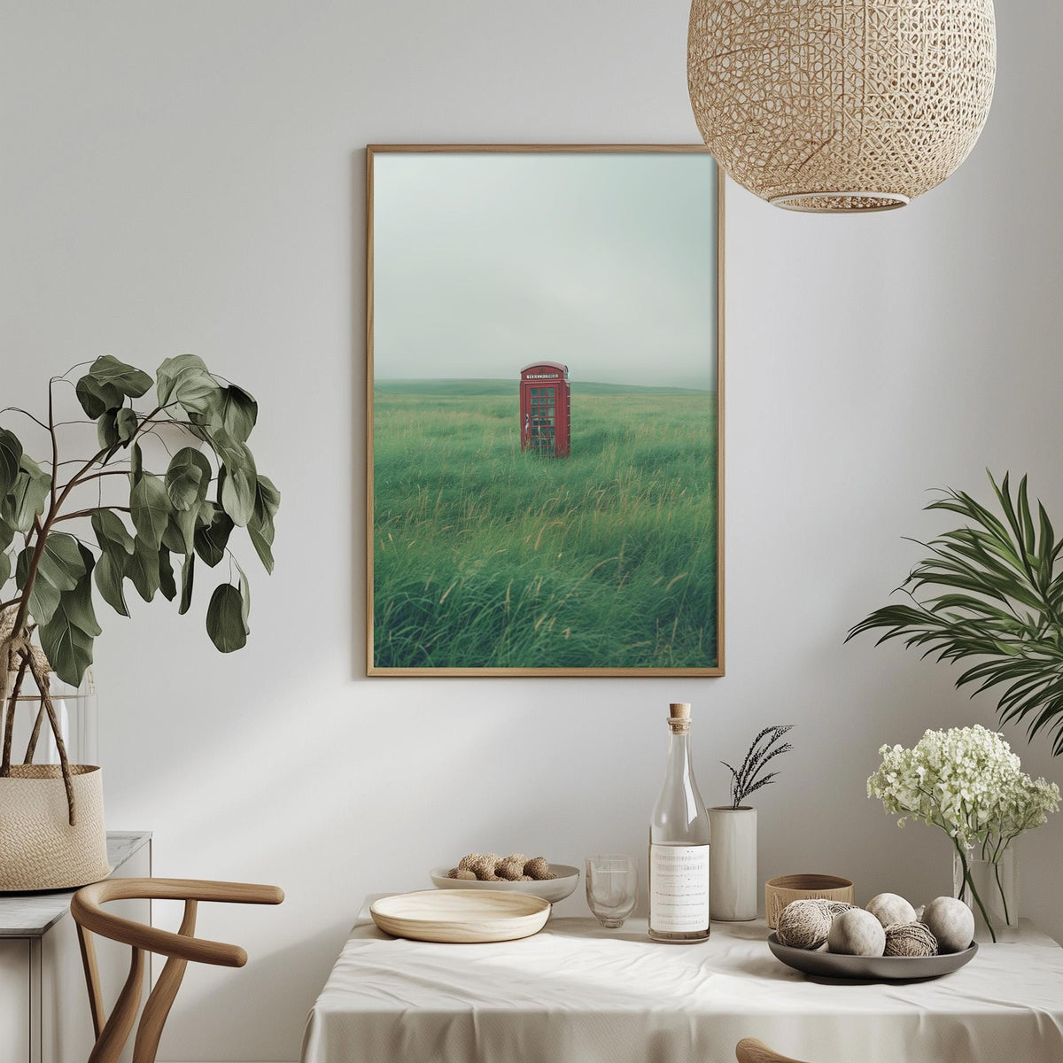 a dining table with a white tablecloth, a bottle, a bowl, and a vase with flowers. Above the table, there is a framed picture of a red telephone booth in a grassy field.
