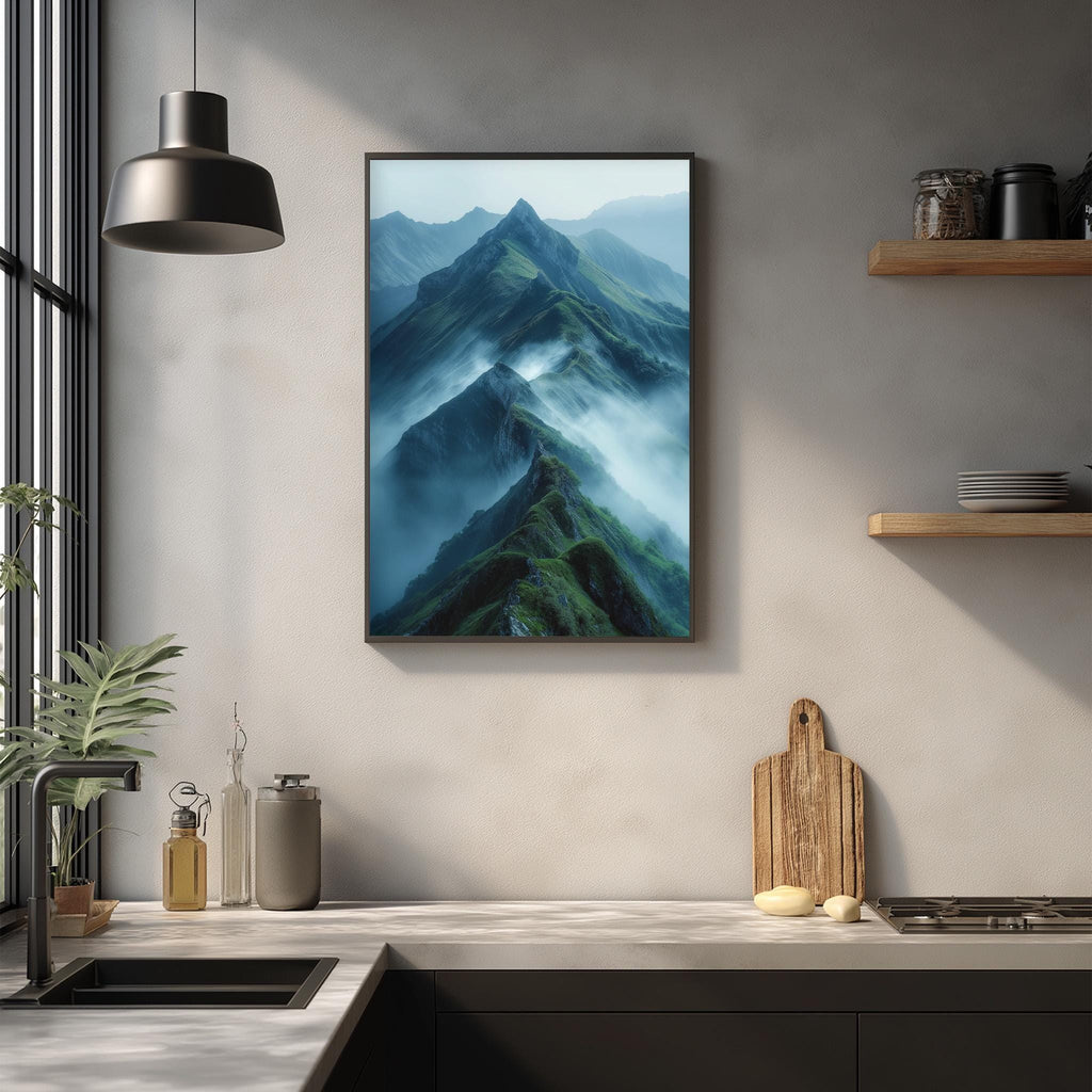 a kitchen counter with a framed landscape painting hanging above it, depicting a mountainous, misty scene. The kitchen counter also has various kitchen items, such as a cutting board, a bottle, and a vase.