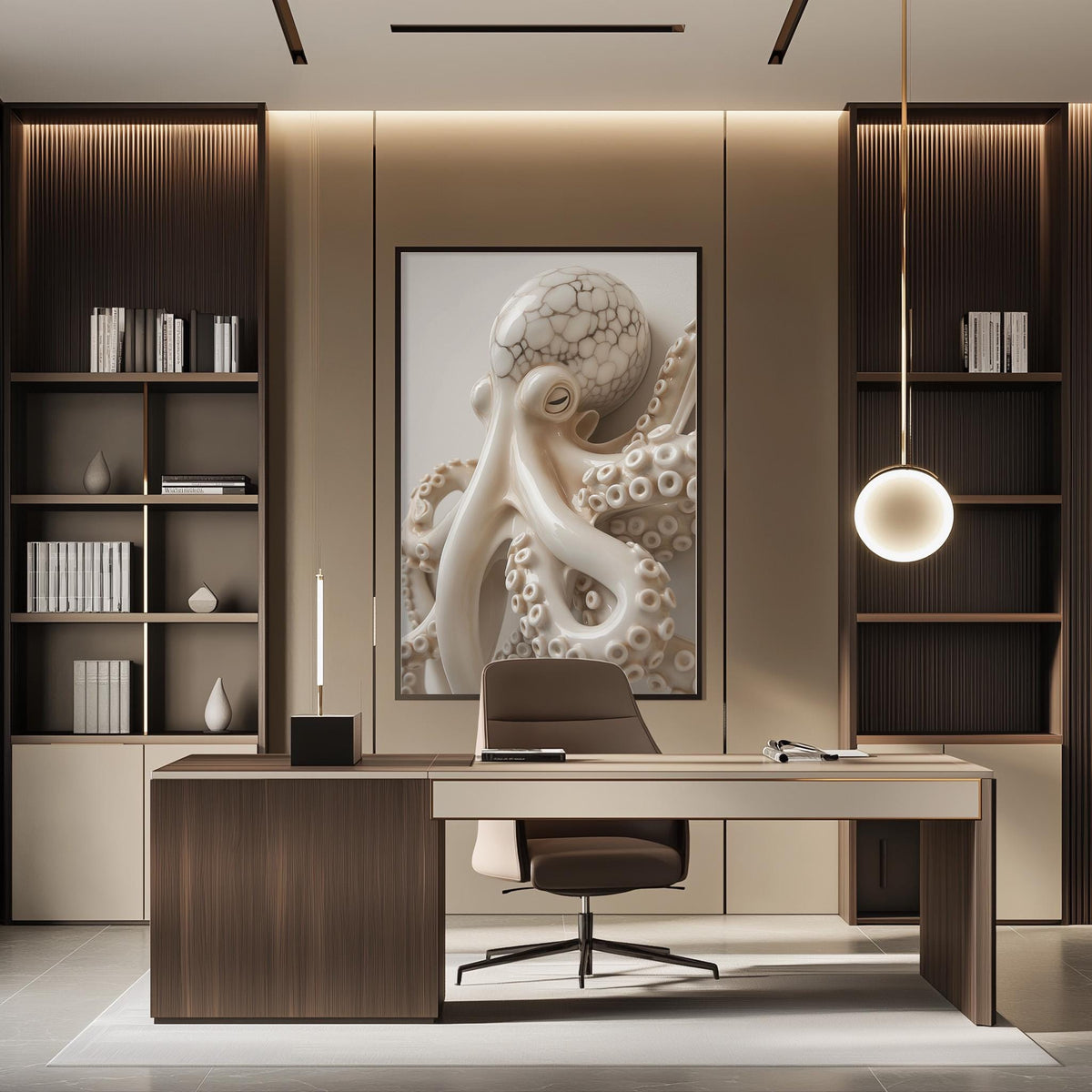 a modern and minimalist office space with a large framed image of an octopus on the wall, a wooden desk with a chair, and built-in bookshelves.