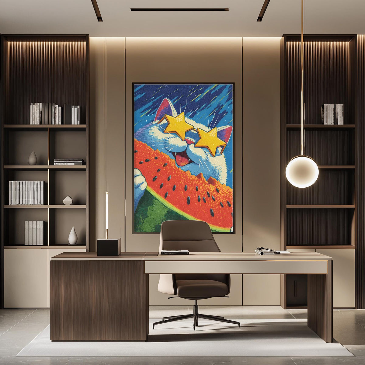 a modern office space with a large, colorful painting of a cat wearing sunglasses as the focal point. The office has a wooden desk, a chair, and a bookshelf, creating a professional and stylish atmosphere.