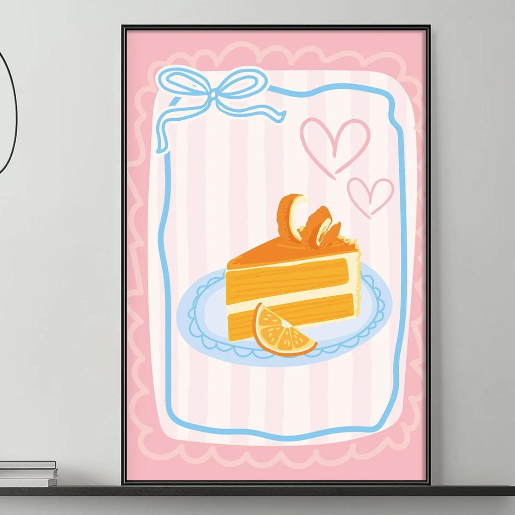 a cozy living room with a gray couch, a coffee table, and a framed illustration of a slice of cake with orange slices and a heart on a pink background.