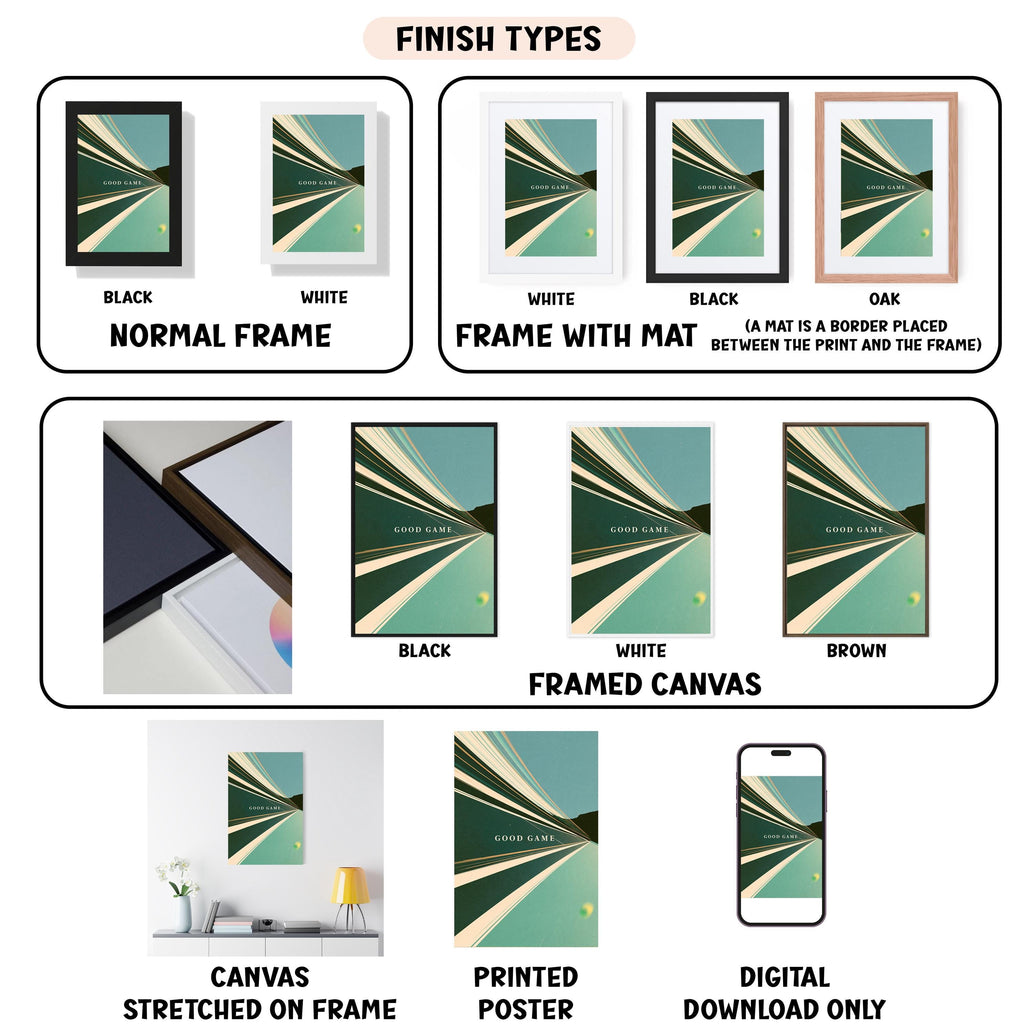 various finish types for artwork, including canvas, printed poster, and digital download, each with different frame colors and mat placements.